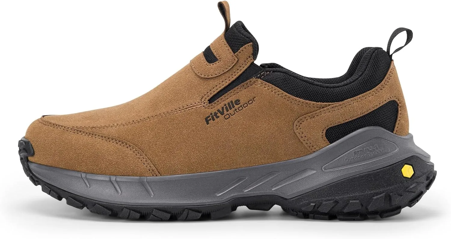 FitVille Wide Slip on Shoes for Men Hiking Walking Shoes Trekking Loafer with Arch Support | Slip Resistant | Wide Toe Box