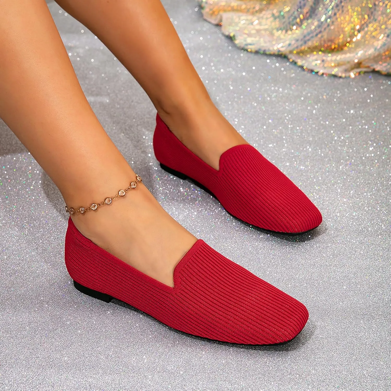 Flat Shoes for Women with Mesh Knitted Square Toe Ballet Flats Soft Slip On Walking Shoes Comfortable Office Shoes