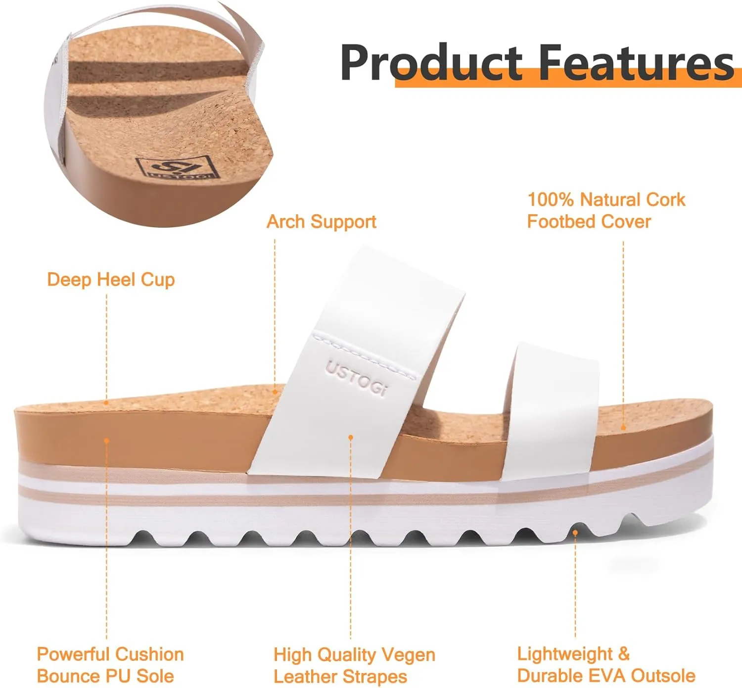 Flatform Platform Sandals Women Arch Support Beach Slides Orthotic Summer Causal Cork Footbed Adjustable Lightweight Thick Sole Comfortable Fashion Slip on Cushion Cute 2 Strap
