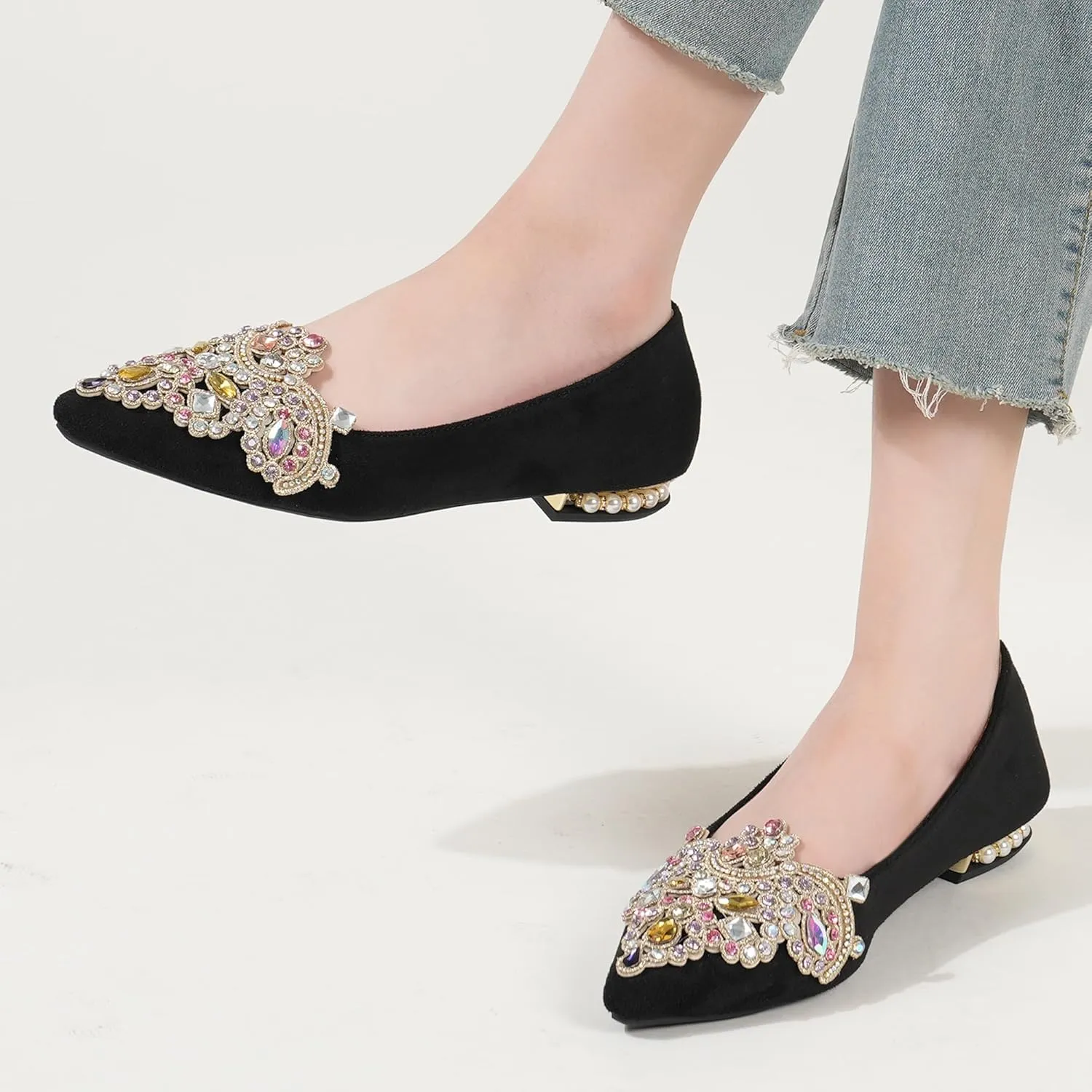 Flats for Women Bling Rhinestone Pointed Flat Shoes Comfort Slip on Low Heel Wedding Dress Shoes Ballet Flat Shoe