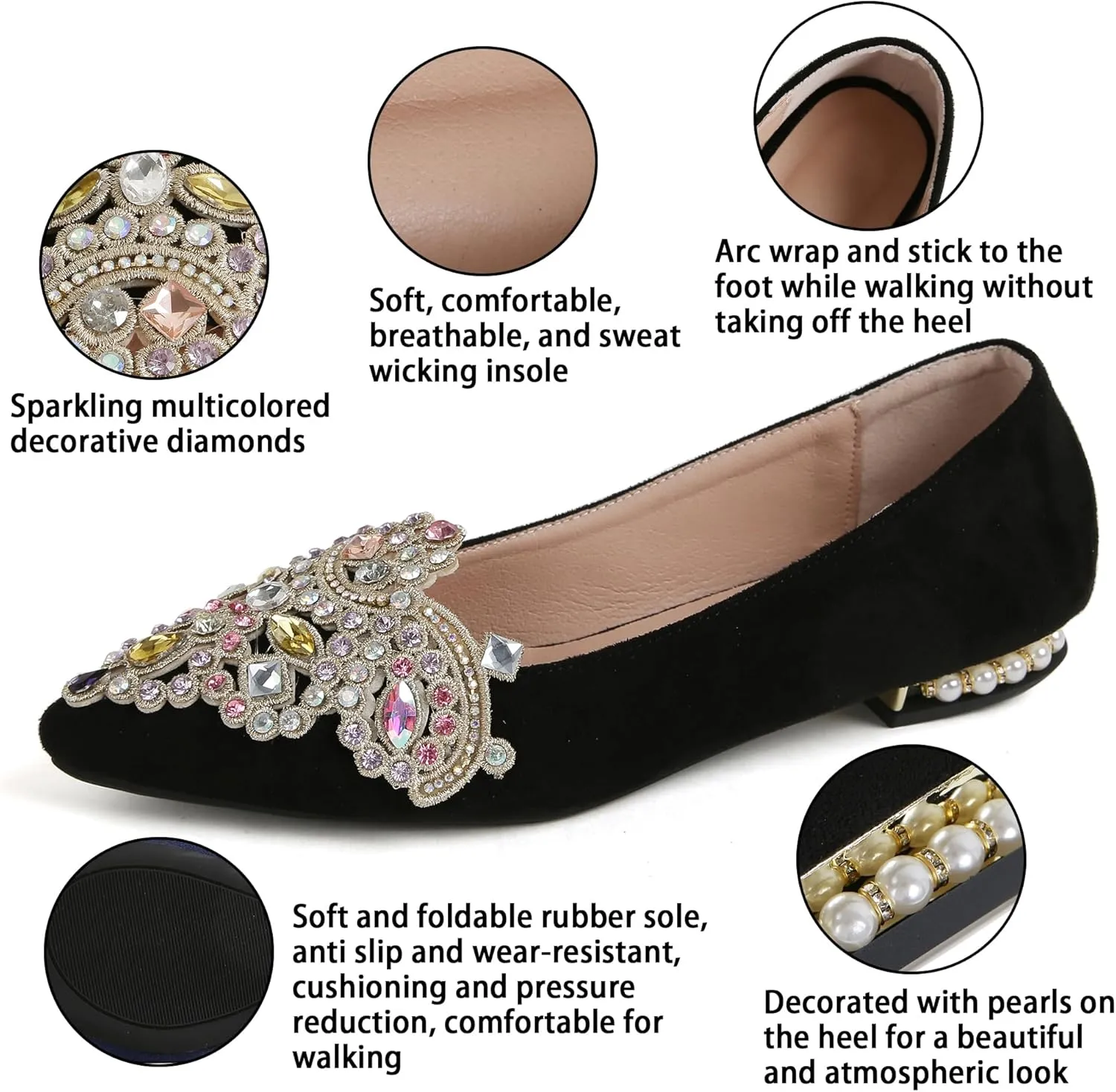 Flats for Women Bling Rhinestone Pointed Flat Shoes Comfort Slip on Low Heel Wedding Dress Shoes Ballet Flat Shoe