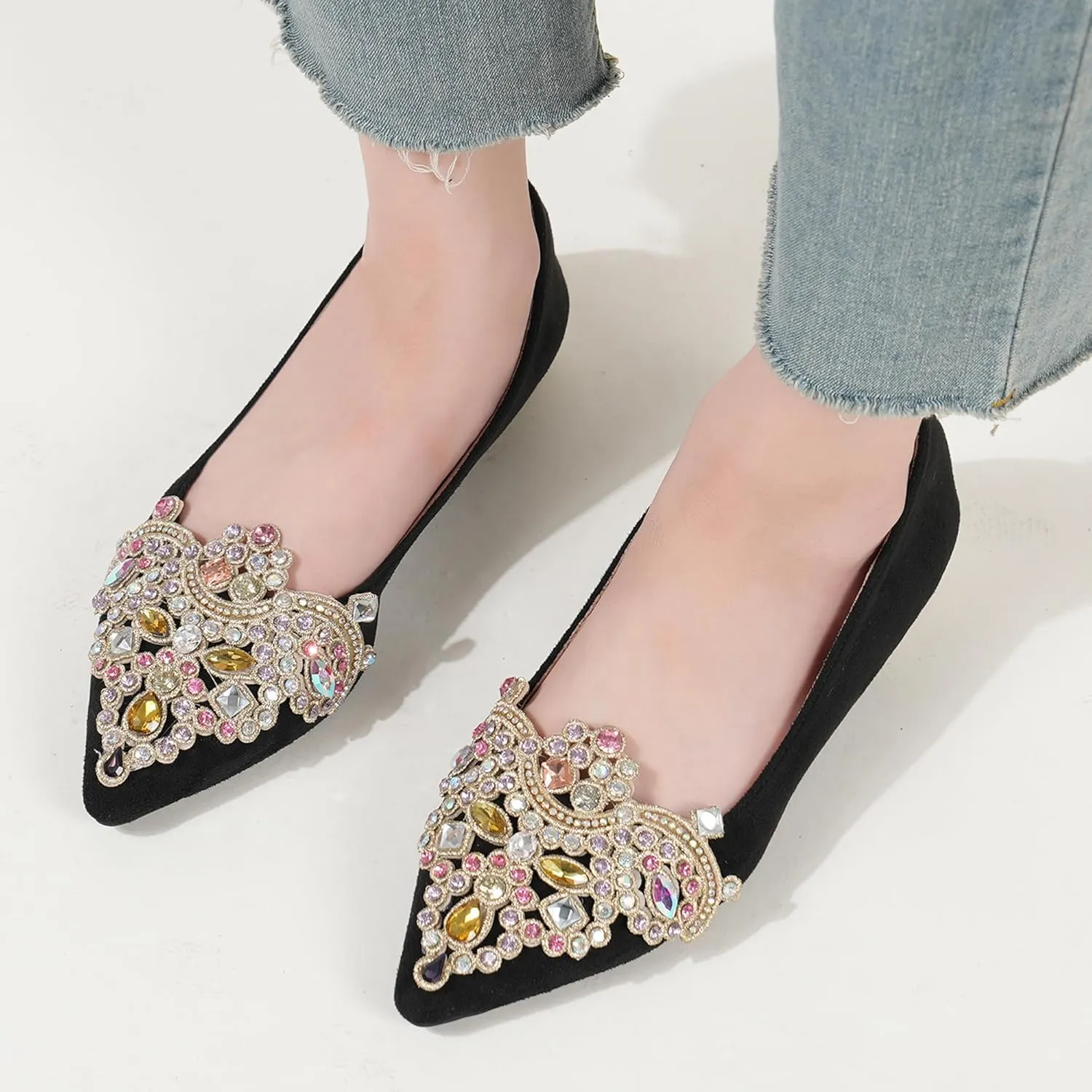 Flats for Women Bling Rhinestone Pointed Flat Shoes Comfort Slip on Low Heel Wedding Dress Shoes Ballet Flat Shoe