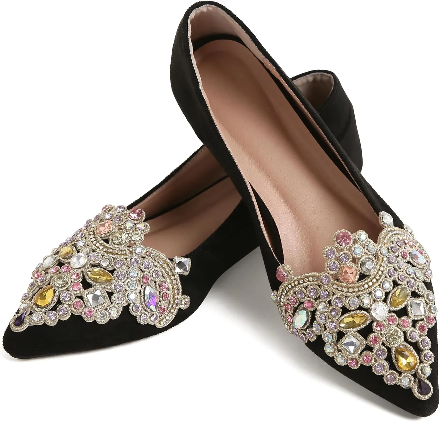 Flats for Women Bling Rhinestone Pointed Flat Shoes Comfort Slip on Low Heel Wedding Dress Shoes Ballet Flat Shoe