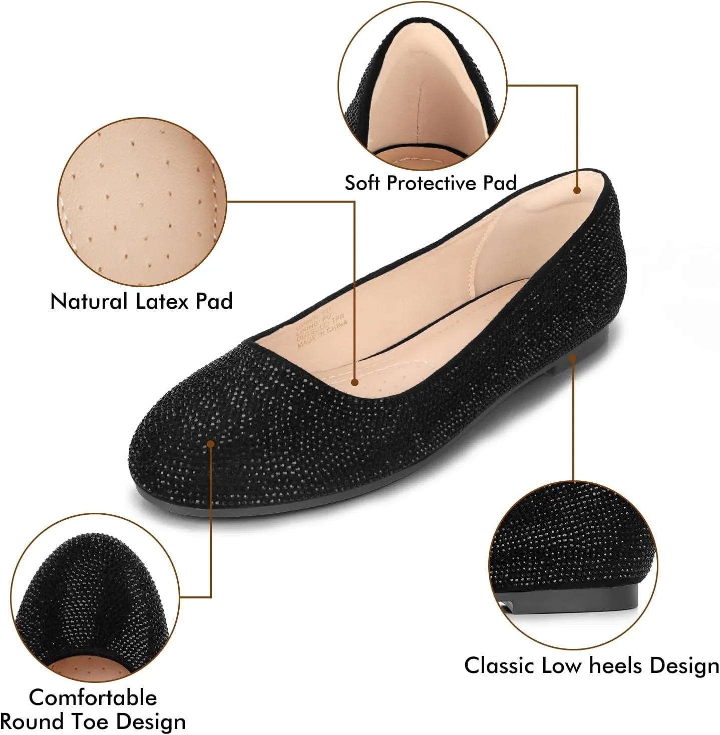 Flats for Women Dressy Ballets Flats Round Toe Slip On Comfort Soft Casual Wedding Driving Dating Black Rhinestone Flats Shoes