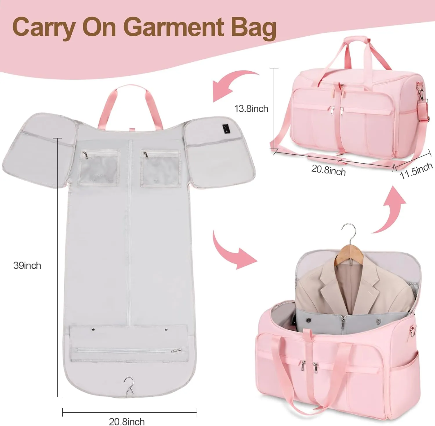 Foldable Garment Bags for Travel, 2 in 1 Convertible Carry On Travel Garment Duffel Bag for Women with Toiletry & Shoe bag, Hanging Suitcase Suit Travel Bags for Men Women Gift (Pink）