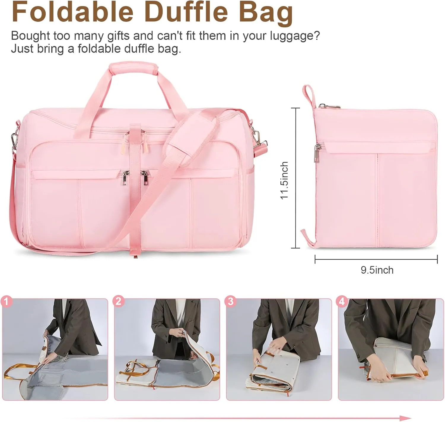 Foldable Garment Bags for Travel, 2 in 1 Convertible Carry On Travel Garment Duffel Bag for Women with Toiletry & Shoe bag, Hanging Suitcase Suit Travel Bags for Men Women Gift (Pink）