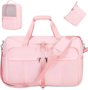 Foldable Garment Bags for Travel, 2 in 1 Convertible Carry On Travel Garment Duffel Bag for Women with Toiletry & Shoe bag, Hanging Suitcase Suit Travel Bags for Men Women Gift (Pink）