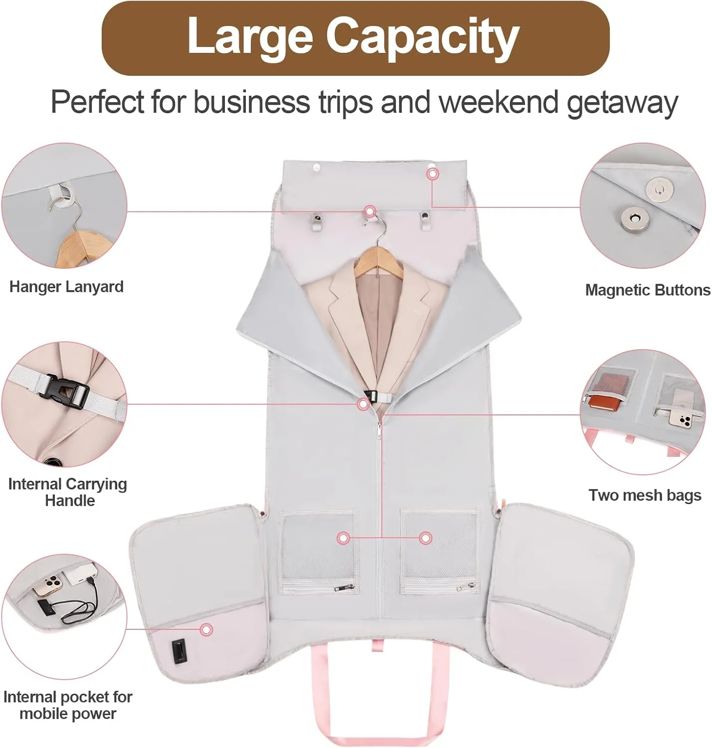 Foldable Garment Bags for Travel, 2 in 1 Convertible Carry On Travel Garment Duffel Bag for Women with Toiletry & Shoe bag, Hanging Suitcase Suit Travel Bags for Men Women Gift (Pink）
