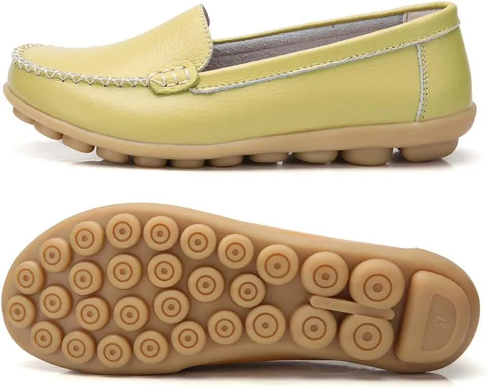 FolHaoth Womens Leather Loafers Comfortable Slip On Flats Casual Shoes Round Toe Moccasins Wild Walking Nurse Breathable Driving Fashion Soft Shoes
