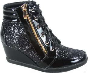 Forever Link Women's Fashion Glitter High Top Lace Up Wedge Sneaker Shoes