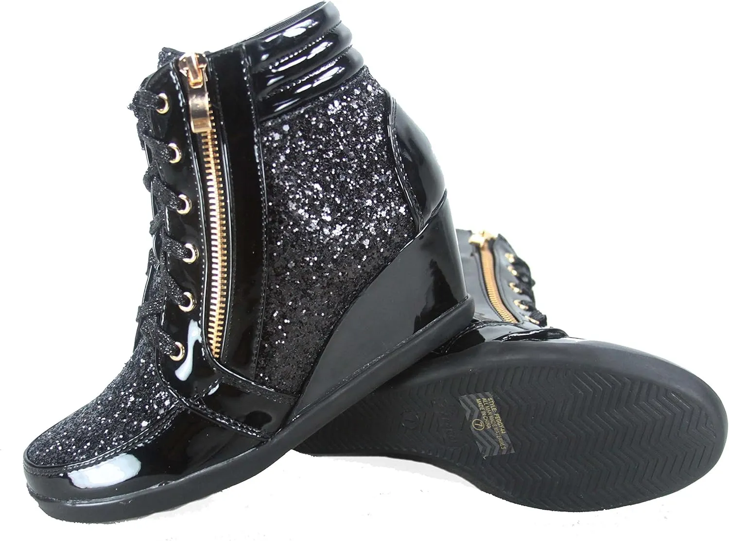 Forever Link Women's Fashion Glitter High Top Lace Up Wedge Sneaker Shoes