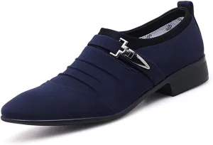 Formal Shoes for Men Slip On Pointed Cap Toe Pleated Canvas Block Heel Anti-Slip Rubber Sole Working (Color : Blue, Size : 11.5)