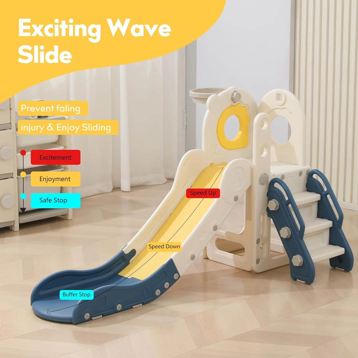 Freestanding Toddler Slide, 5 in 1 Kids Indoor Playset for Toddlers 1-3，L Shaped Slide with Basketball Hoop，Baby Climber for Indoor Outdoor for Boys and Girls Birthday, Sturdy Playground Toy