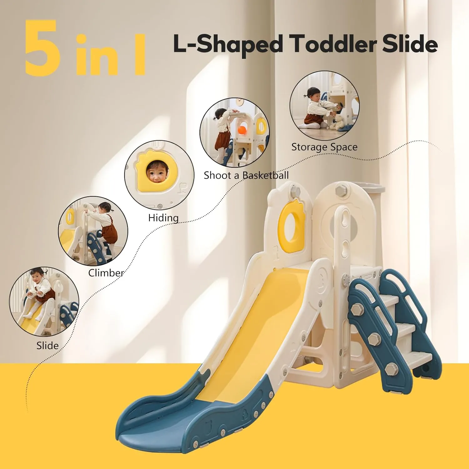 Freestanding Toddler Slide, 5 in 1 Kids Indoor Playset for Toddlers 1-3，L Shaped Slide with Basketball Hoop，Baby Climber for Indoor Outdoor for Boys and Girls Birthday, Sturdy Playground Toy