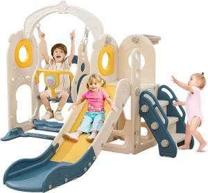 Freestanding Toddler Slide with Swing Set, 6 in 1 Kids Indoor Playset for Toddlers 1-3，L Shaped Slide with Basketball Hoop，Baby Slide for Indoor Outdoor for Boys and Girls Birthday