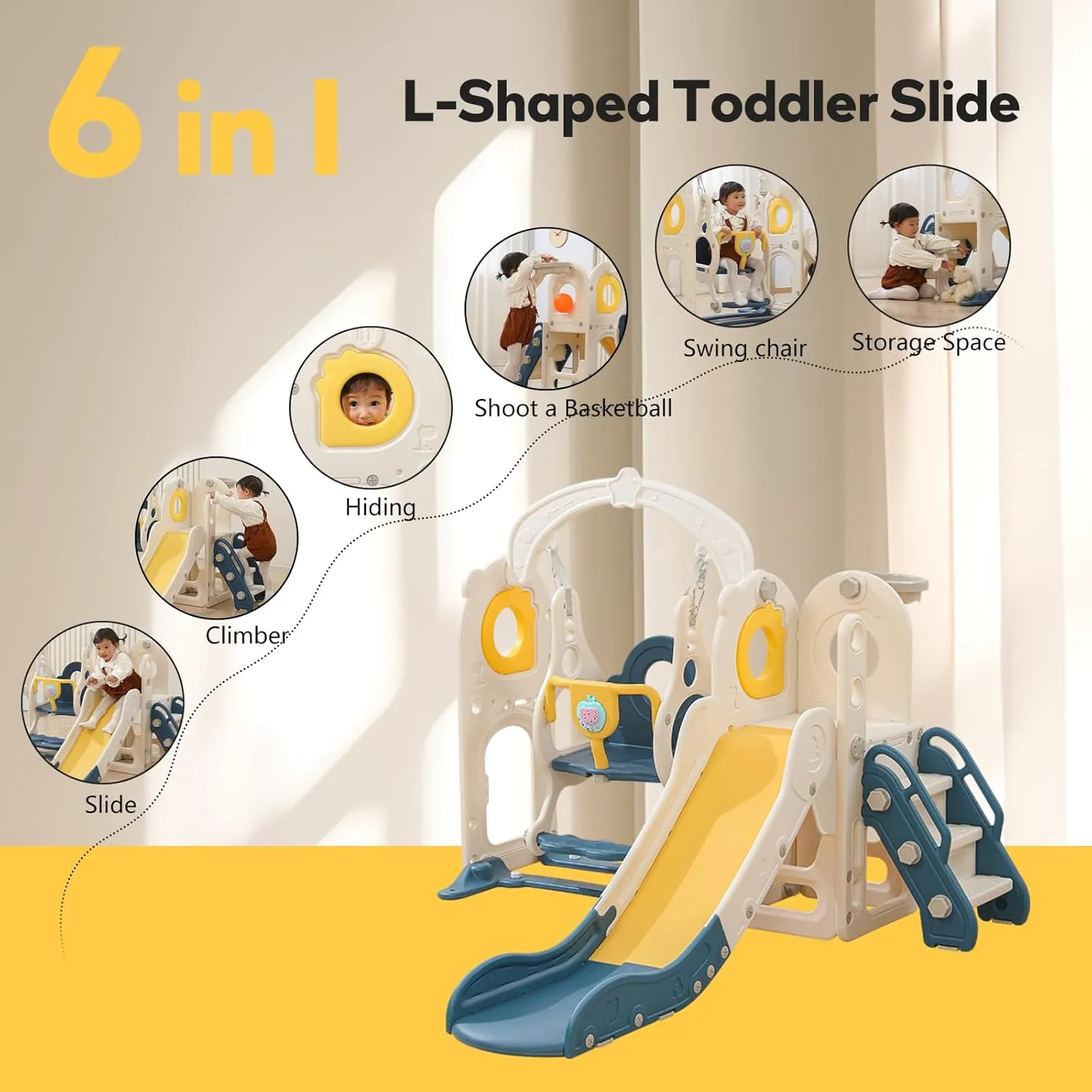 Freestanding Toddler Slide with Swing Set, 6 in 1 Kids Indoor Playset for Toddlers 1-3，L Shaped Slide with Basketball Hoop，Baby Slide for Indoor Outdoor for Boys and Girls Birthday