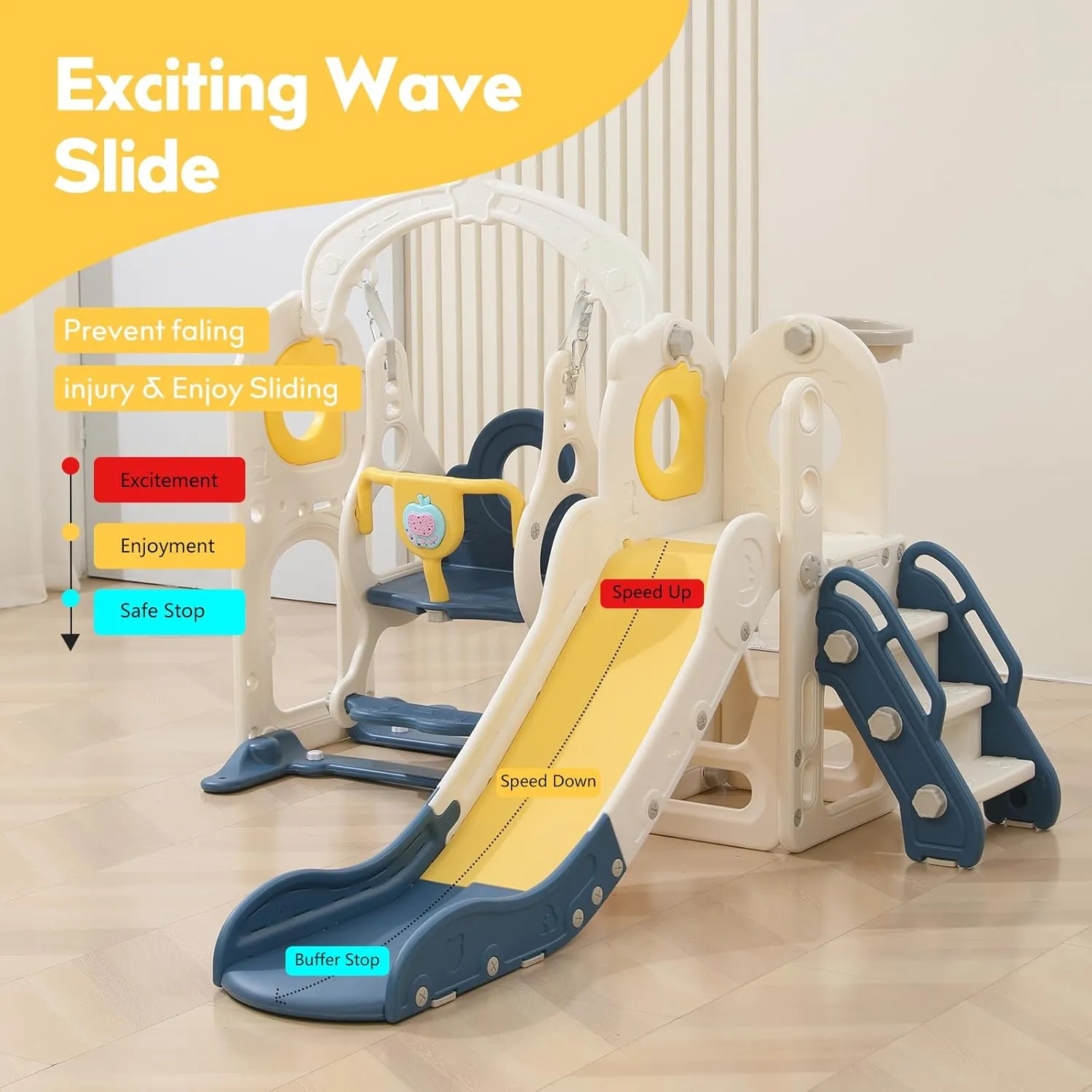 Freestanding Toddler Slide with Swing Set, 6 in 1 Kids Indoor Playset for Toddlers 1-3，L Shaped Slide with Basketball Hoop，Baby Slide for Indoor Outdoor for Boys and Girls Birthday