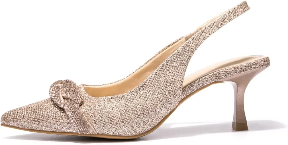 FUNKYMONKEY Women's Slingback Pumps Shoes, Elastic Strap Pointed Toe Kitten Heel Dress Wedding Party Shoes