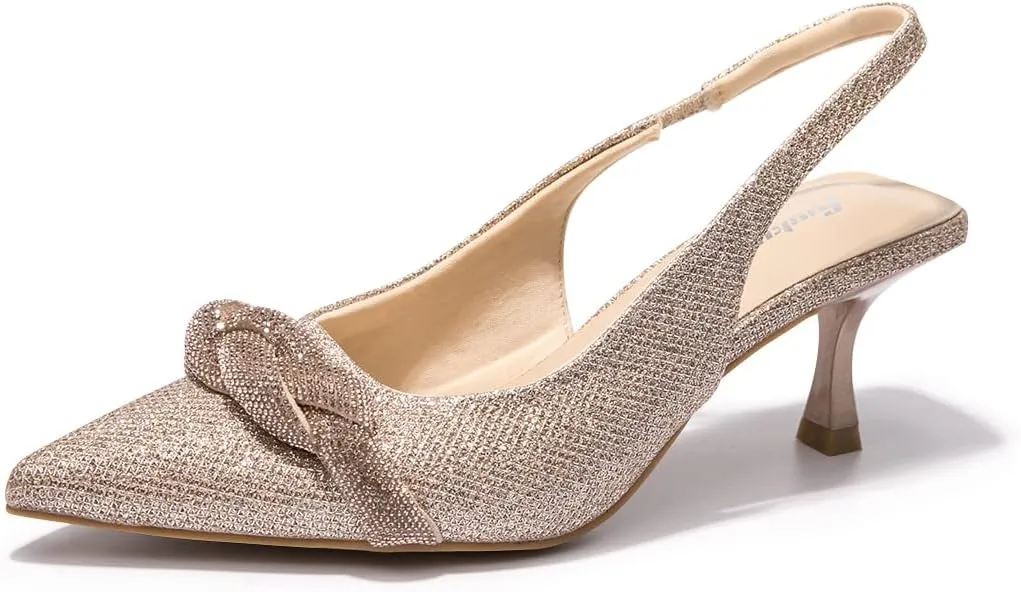 FUNKYMONKEY Women's Slingback Pumps Shoes, Elastic Strap Pointed Toe Kitten Heel Dress Wedding Party Shoes