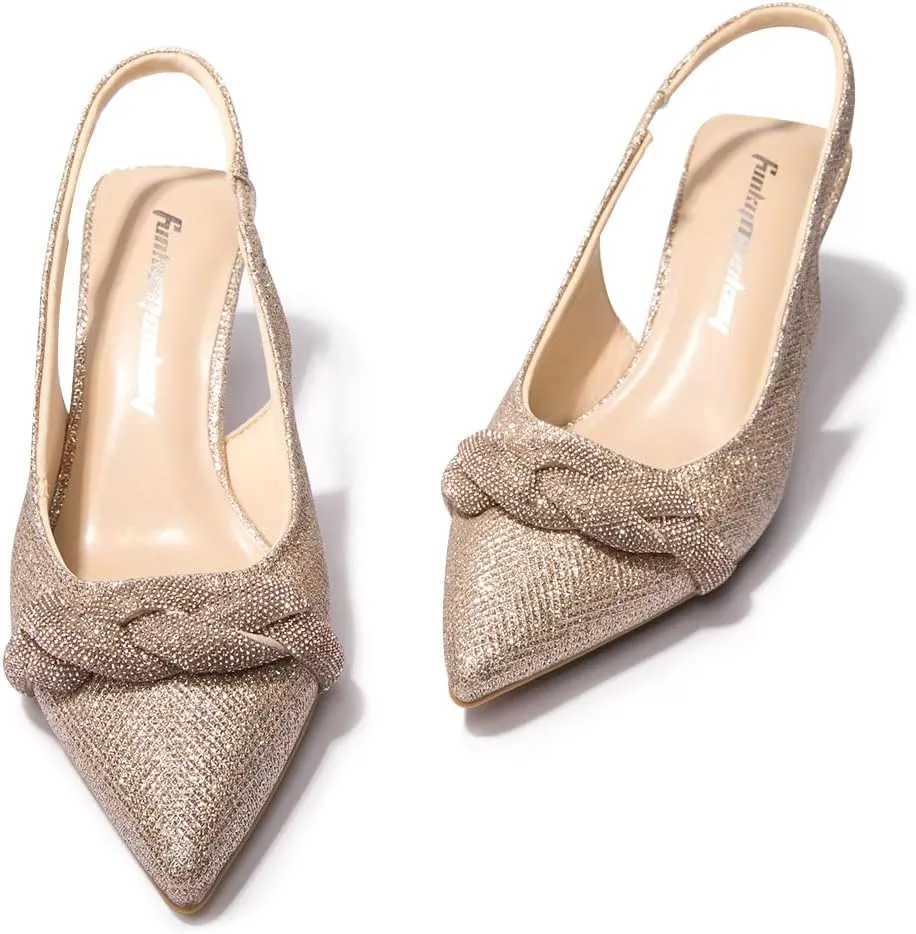 FUNKYMONKEY Women's Slingback Pumps Shoes, Elastic Strap Pointed Toe Kitten Heel Dress Wedding Party Shoes