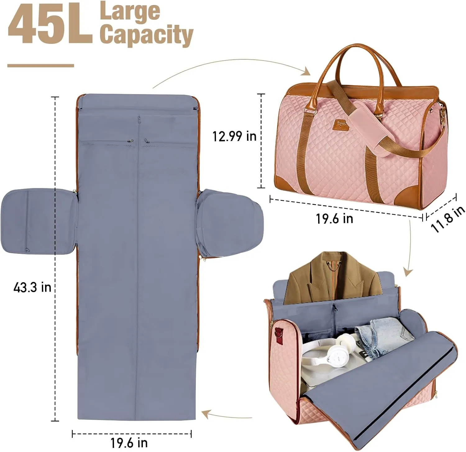 Garment Bag for Travel, 3 in 1 Convertible Jenni Bag Roomy Design Duffle Suit Bags with Water-Resistant Shoe Pouch, Overnight Halfday Weekender Bags for Women Hanging Clothes