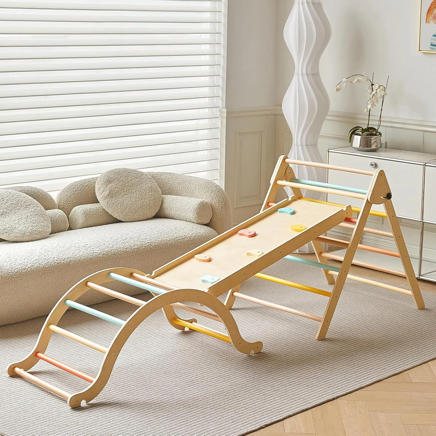 Giant bean Pikler Triangle Set, Pastel 5 in 1 Pickler Climbing Set, Foldable Wooden Toddler Climbing Toys Indoor, Playground Jungle Gym for Kids 2-6, Montessori Set