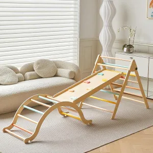 Giant bean Pikler Triangle Set, Pastel 5 in 1 Pickler Climbing Set, Foldable Wooden Toddler Climbing Toys Indoor, Playground Jungle Gym for Kids 2-6, Montessori Set