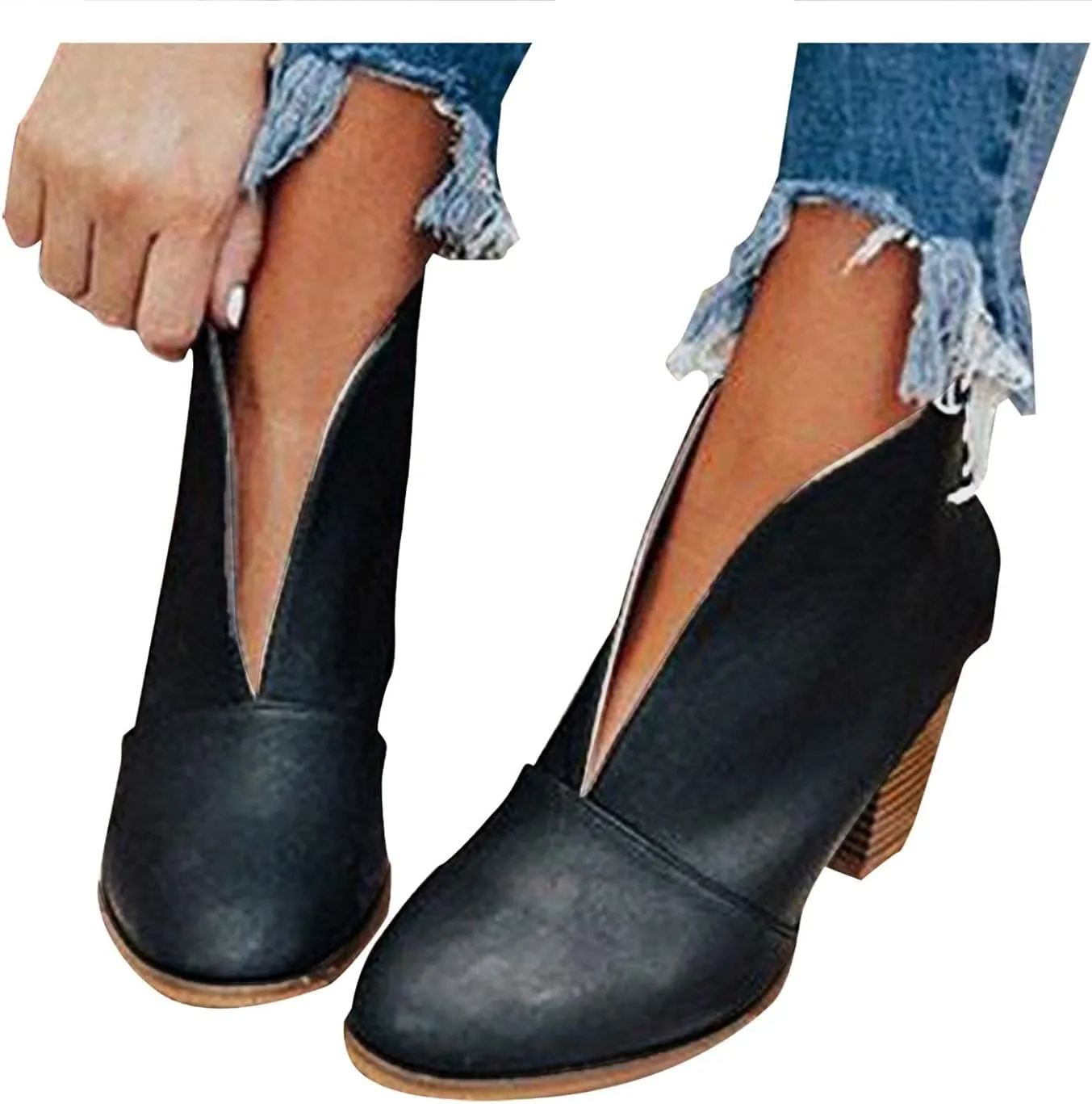 Gibobby Ankle Booties for Women Flat,Hollow Ankle Boots Low Chunky Block Stacked Heel Boots Slip On Pointed Toe Western Shoes