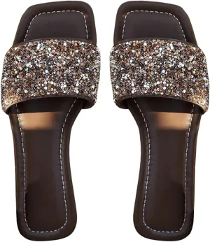 GORGLITTER Rhinestone Sparkly Sandals Dressy Slip on Summer Casual Fancy Flat Sandals Glitter Open Toe Slides