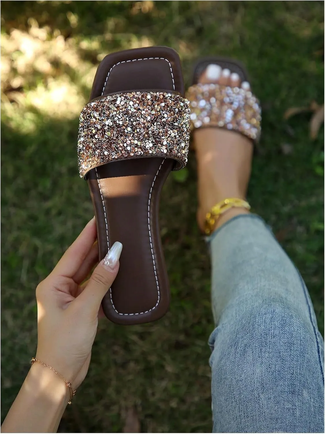 GORGLITTER Rhinestone Sparkly Sandals Dressy Slip on Summer Casual Fancy Flat Sandals Glitter Open Toe Slides