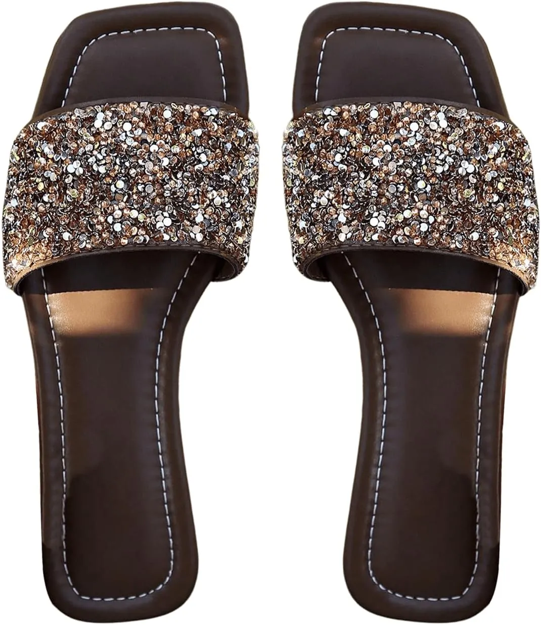 GORGLITTER Rhinestone Sparkly Sandals Dressy Slip on Summer Casual Fancy Flat Sandals Glitter Open Toe Slides