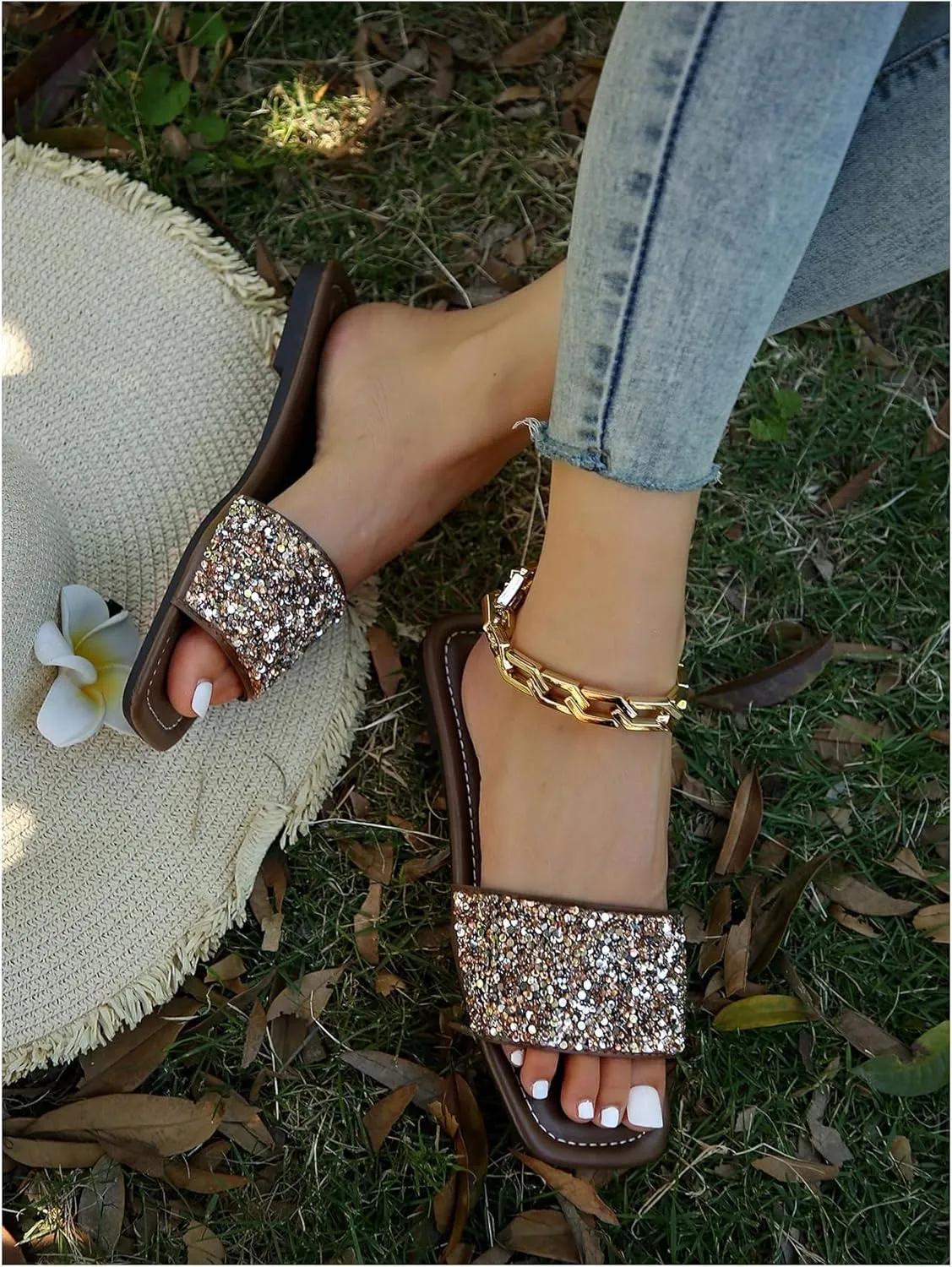 GORGLITTER Rhinestone Sparkly Sandals Dressy Slip on Summer Casual Fancy Flat Sandals Glitter Open Toe Slides