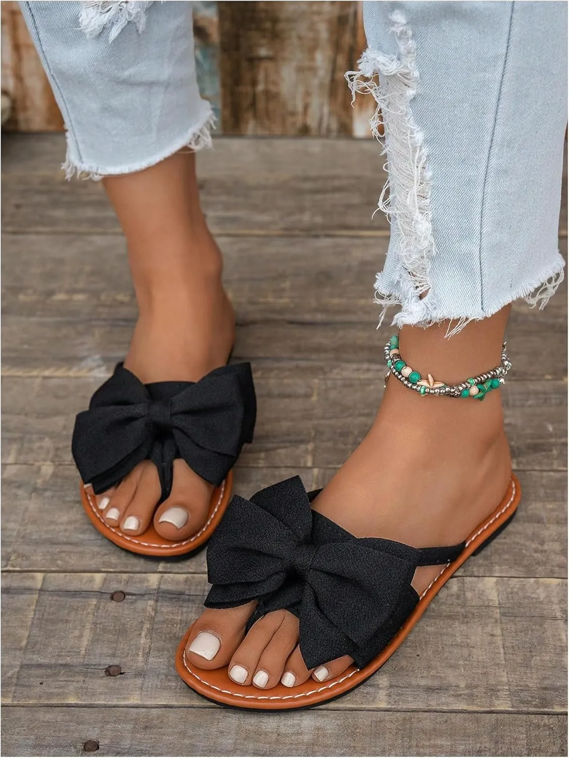 GORGLITTER Women's Leopard Print Bow Flat Sandals Slip On Open Toe Flip Flops Slide Sandal