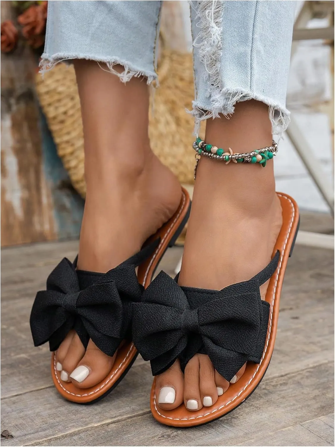GORGLITTER Women's Leopard Print Bow Flat Sandals Slip On Open Toe Flip Flops Slide Sandal