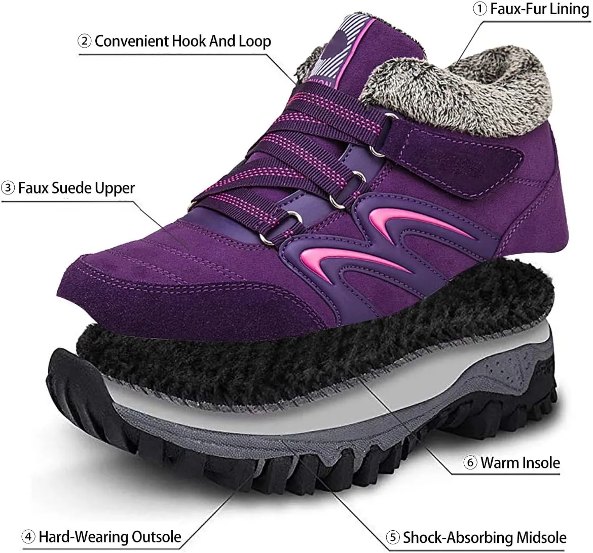 gracosy Women's Hiking Shoes, High Top Sneaker Winter Warm Hook Loop Snow Shoes Fur Lining Suede Ankle Bootie