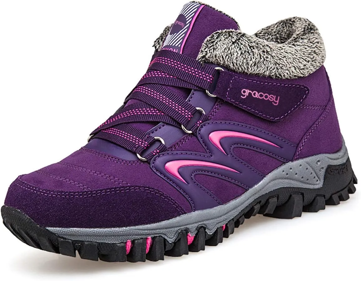 gracosy Women's Hiking Shoes, High Top Sneaker Winter Warm Hook Loop Snow Shoes Fur Lining Suede Ankle Bootie