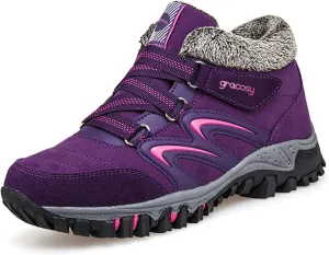 gracosy Women's Hiking Shoes, High Top Sneaker Winter Warm Hook Loop Snow Shoes Fur Lining Suede Ankle Bootie