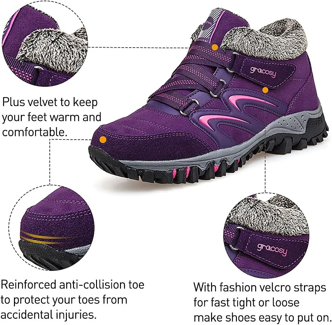 gracosy Women's Hiking Shoes, High Top Sneaker Winter Warm Hook Loop Snow Shoes Fur Lining Suede Ankle Bootie