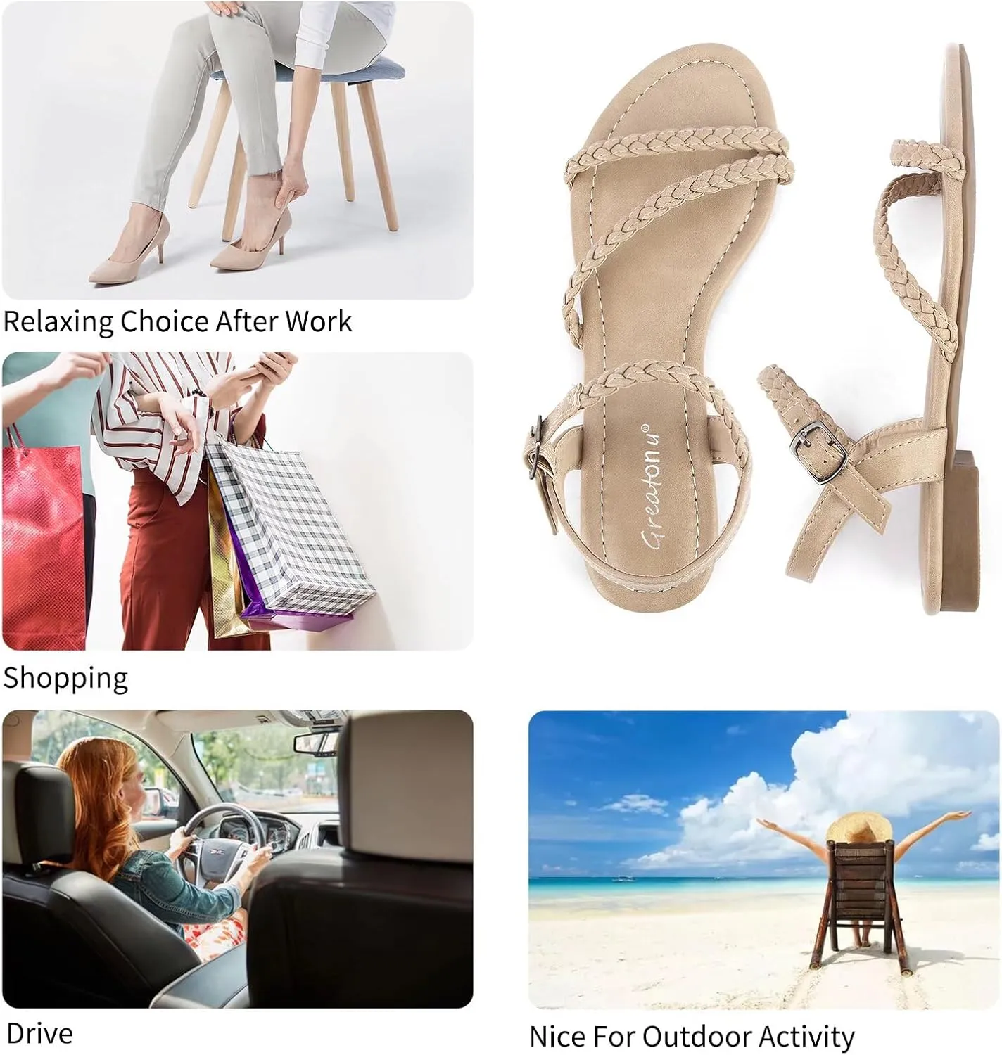 Greatonu Women’s Flat Sandals Slip On Summer Gladiator Open Toe Braided Slingback Shoes