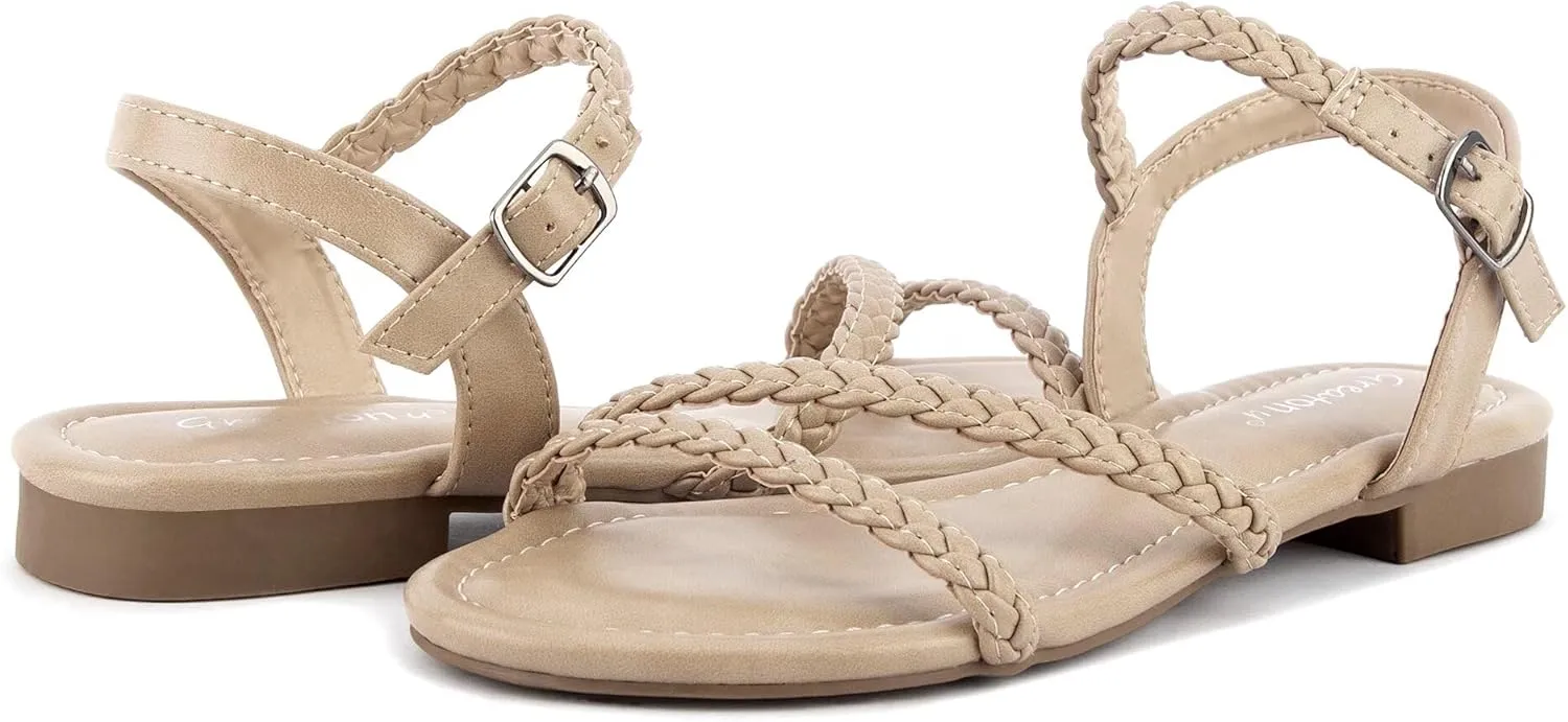 Greatonu Women’s Flat Sandals Slip On Summer Gladiator Open Toe Braided Slingback Shoes