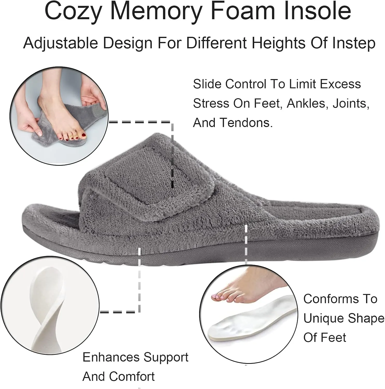 GRITHEIM Women's Orthotic Arch Support Slippers Fuzzy Adjustable Orthopedic Slippers for Plantar Fasciitis Furry Slide for Ladies