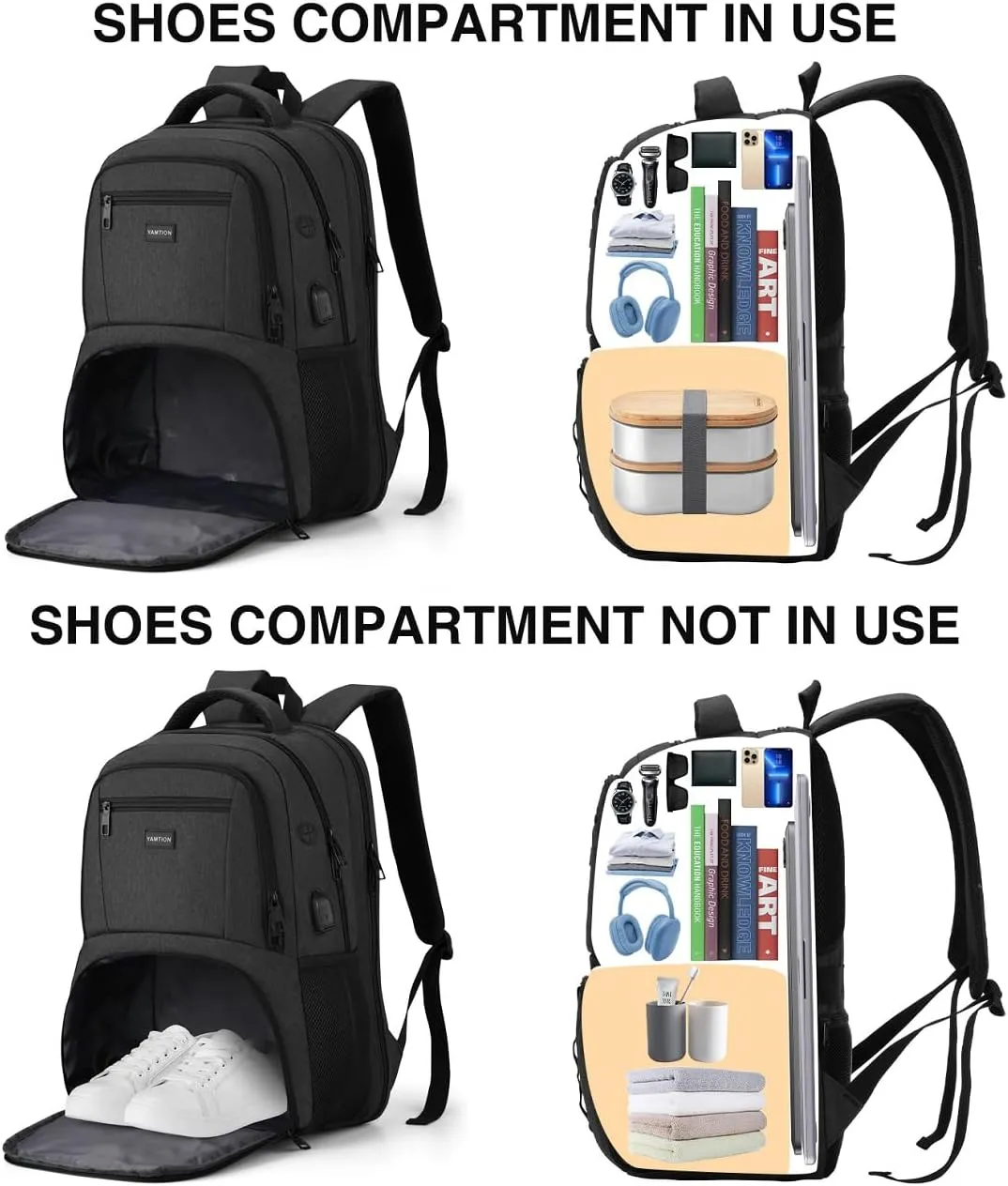 Gym Backpack for Men Women with Shoe Compartment,17,3 Inch Bookbag for Boys with USB Port for Workout College Sport