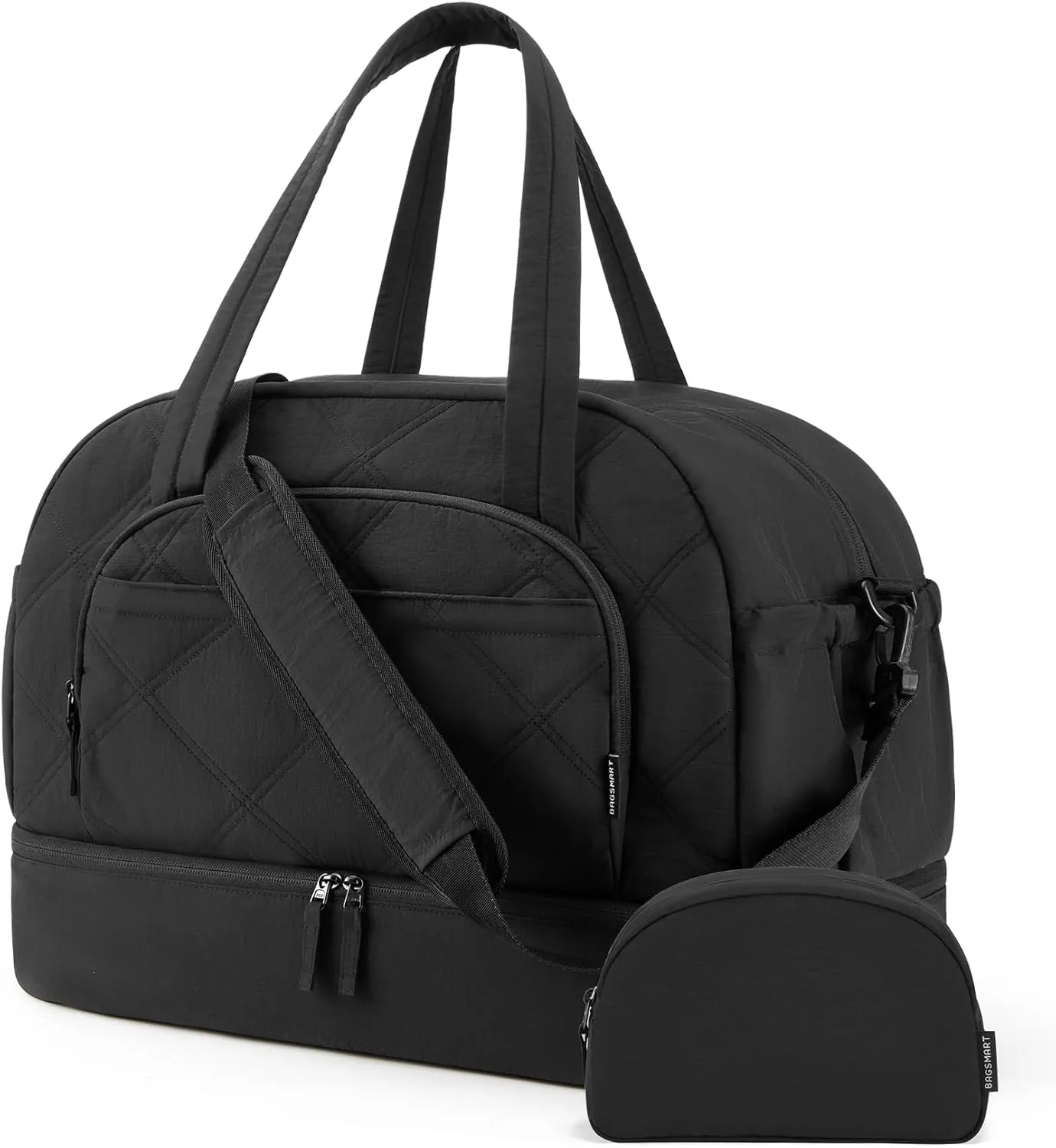 Gym Bag for Women, BAGSMART PuffyTravel Duffel Bags with Shoe Compartment, Carry on Weekender Overnight Tote Bag with Toiletry Bag, Travel Bag for Airlines, Travel, Sports-Black