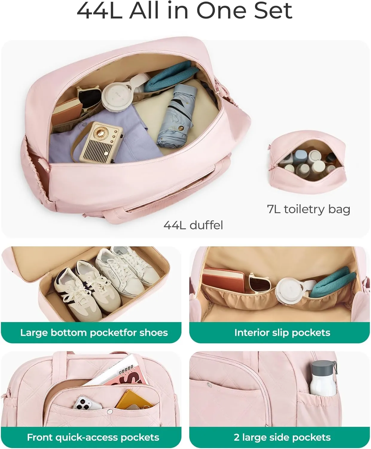 Gym Bag for Women, BAGSMART PuffyTravel Duffel Bags with Shoe Compartment, Carry on Weekender Overnight Tote Bag with Toiletry Bag, Travel Bag for Airlines, Travel, Sports-Black