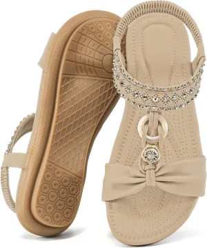 HARENCE Womens Sandals Dressy Flat: Comfortable Elastic Strap Flats Shoes Casual Summer Slip on Sandal for Beach