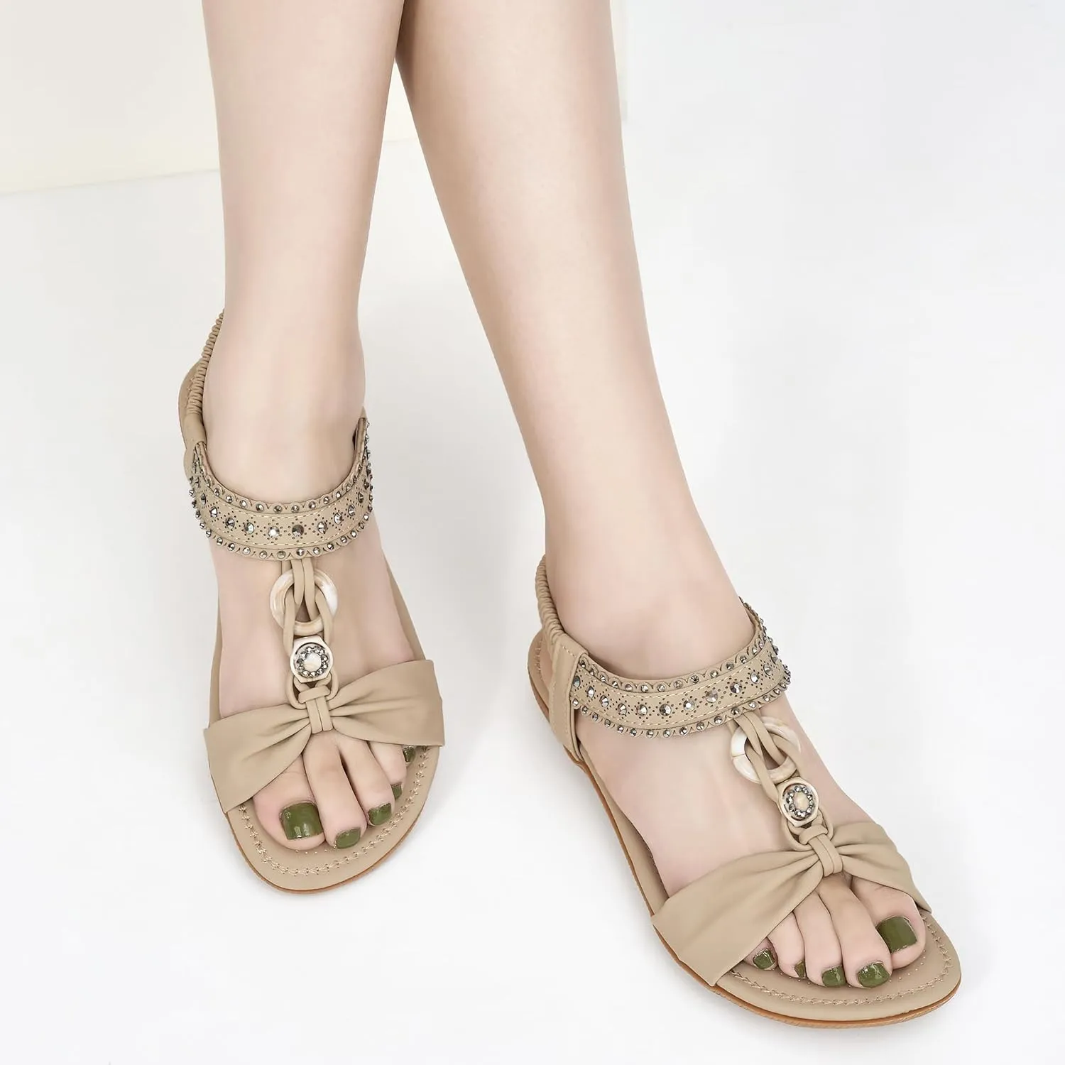 HARENCE Womens Sandals Dressy Flat: Comfortable Elastic Strap Flats Shoes Casual Summer Slip on Sandal for Beach
