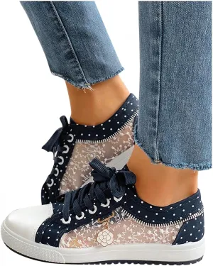 Hbeylia Lace Fashion Sneakers For Women Girls Breathable Anti Slip Mesh Low Top Canvas Shoes Casual Lace Up Play Sneakers Walking Shoes For Summer Autumn Running Outdoor Sport Travel