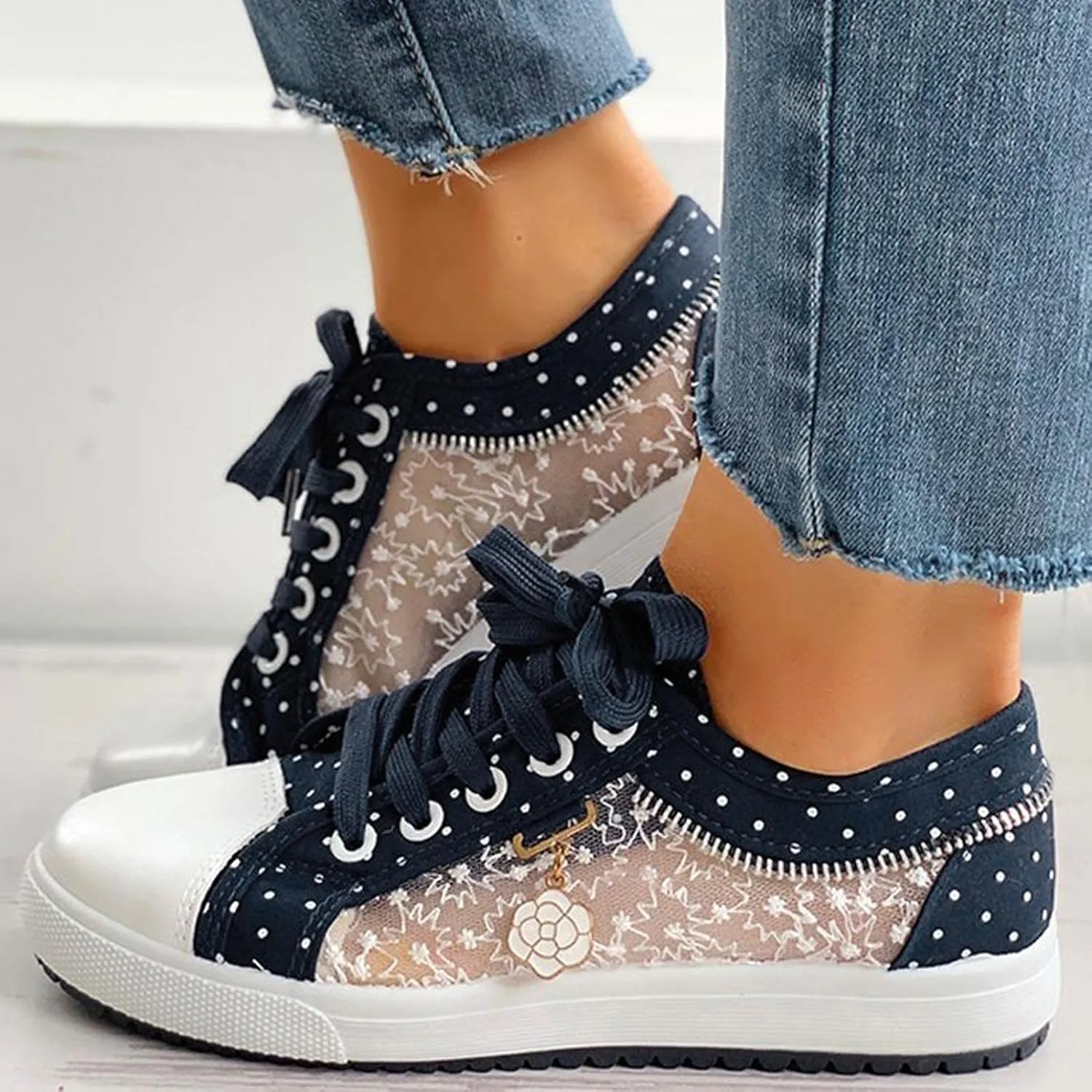 Hbeylia Lace Fashion Sneakers For Women Girls Breathable Anti Slip Mesh Low Top Canvas Shoes Casual Lace Up Play Sneakers Walking Shoes For Summer Autumn Running Outdoor Sport Travel