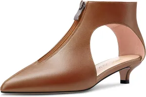 HDEUOLM Womens Low Kitten Heel Pointed Toe Pumps Slip-on Zipper Casual Cute 1.4 Inches Heels
