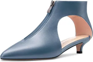 HDEUOLM Womens Low Kitten Heel Pointed Toe Pumps Slip-on Zipper Casual Cute 1.4 Inches Heels
